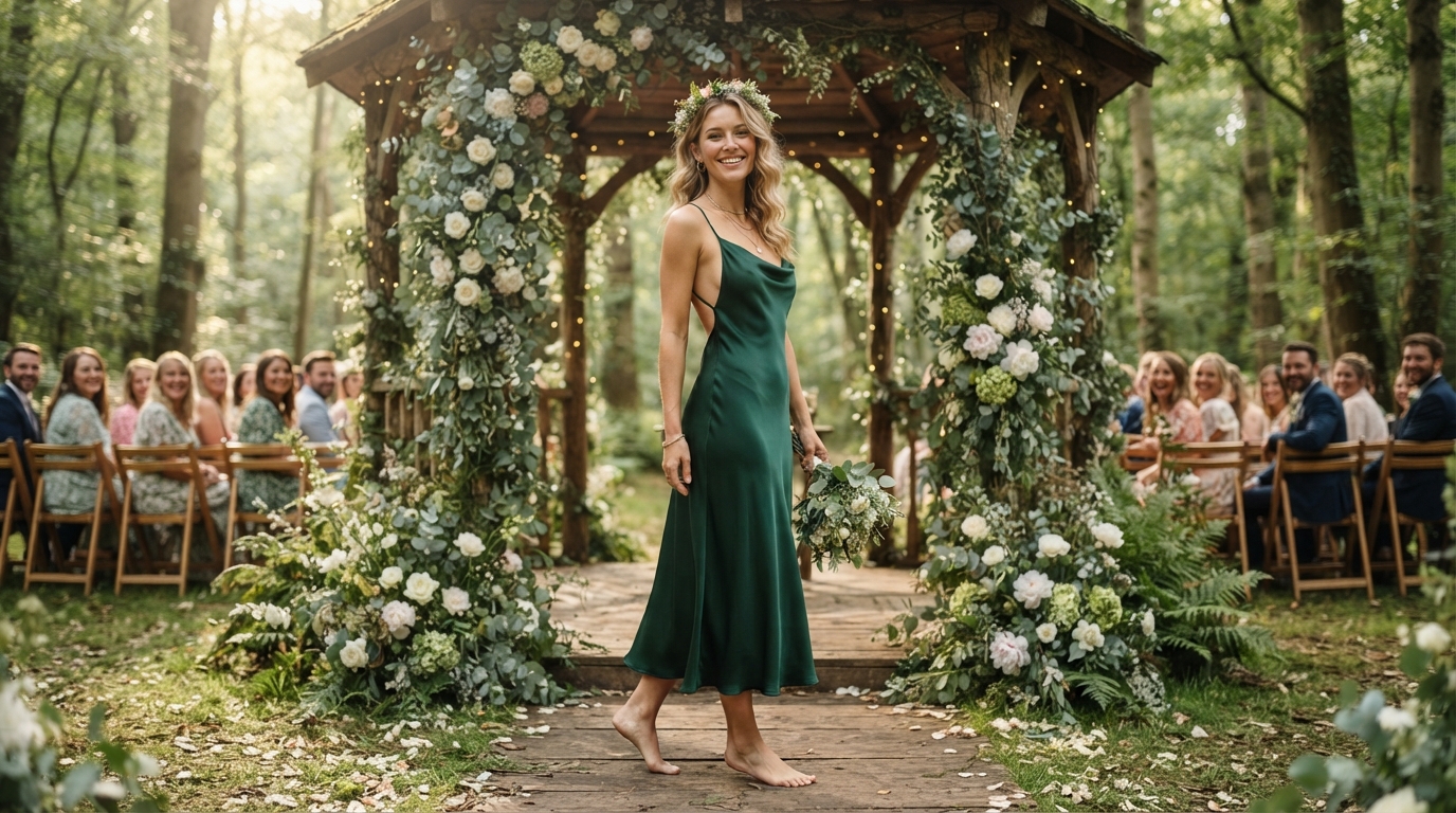 Deep Emerald Green Backless Silk Slip Midi Dress